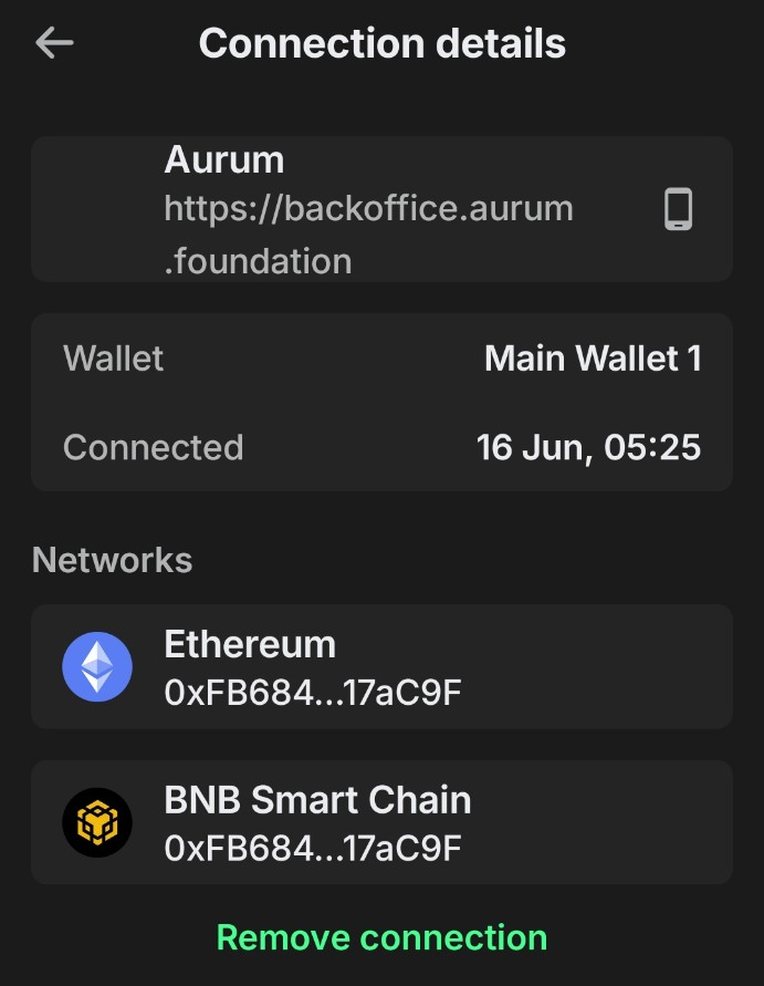 Connected wallet confirmation screen showing the linked Trust Wallet address