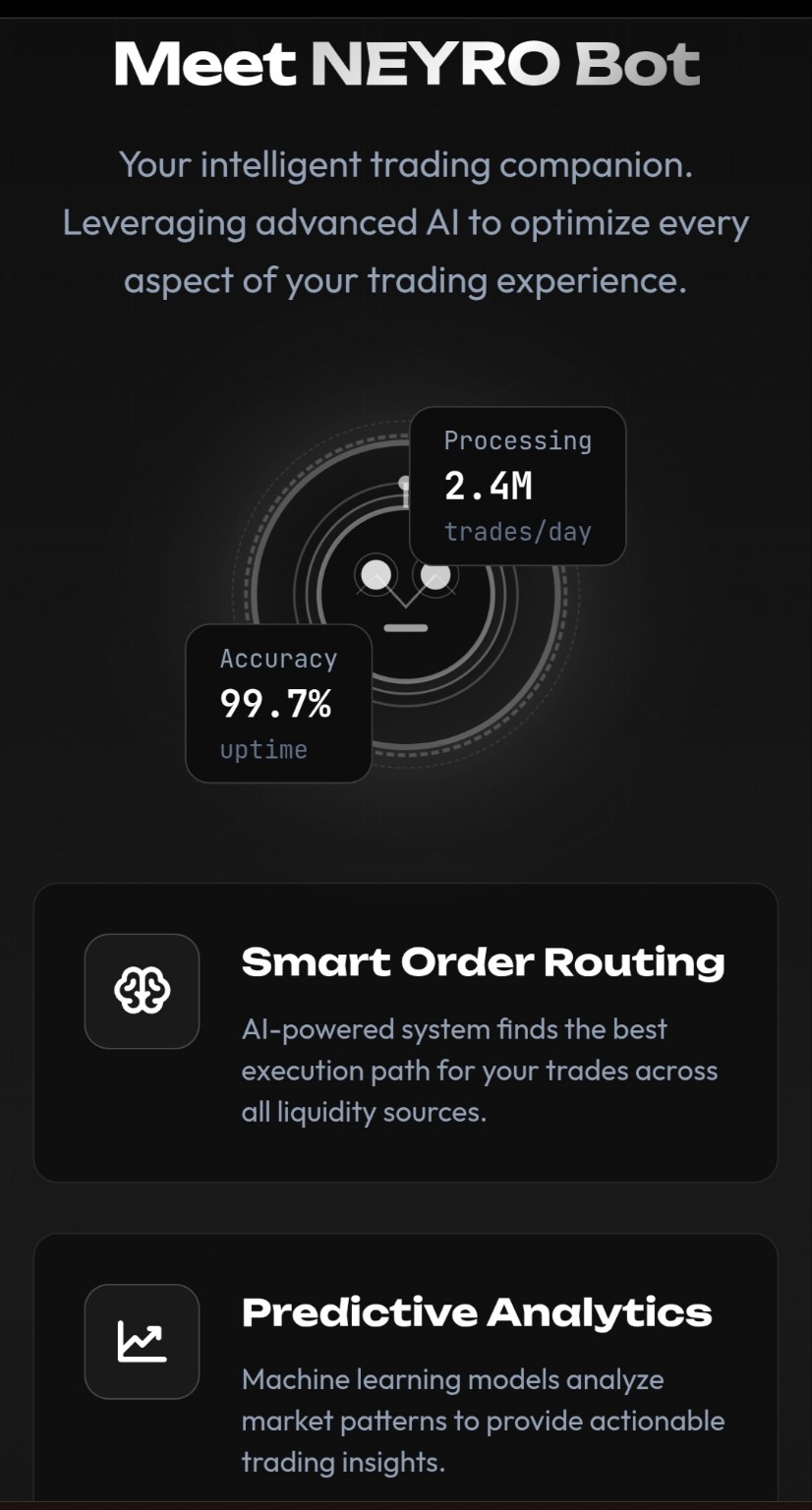 Aurum Neyro app interface showing Quantum Alpha performance and AI signals